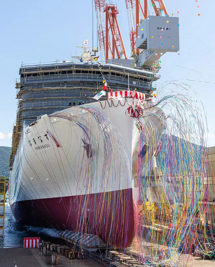 Mitsubishi Shipbuilding Holds Christening and Launch Ceremony in Shimonoseki for Large Car Ferry HAMANASU