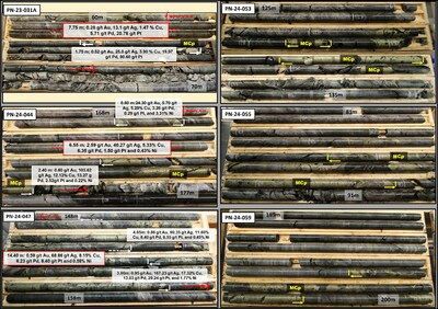 Figure 2: Core picture of hole PN-24-047 showing the strongly mineralized intervals and its location on a vertical cross-section view looking ENE along holes PN-24-047 and PN-24-051. (CNW Group/Power Nickel Inc.)