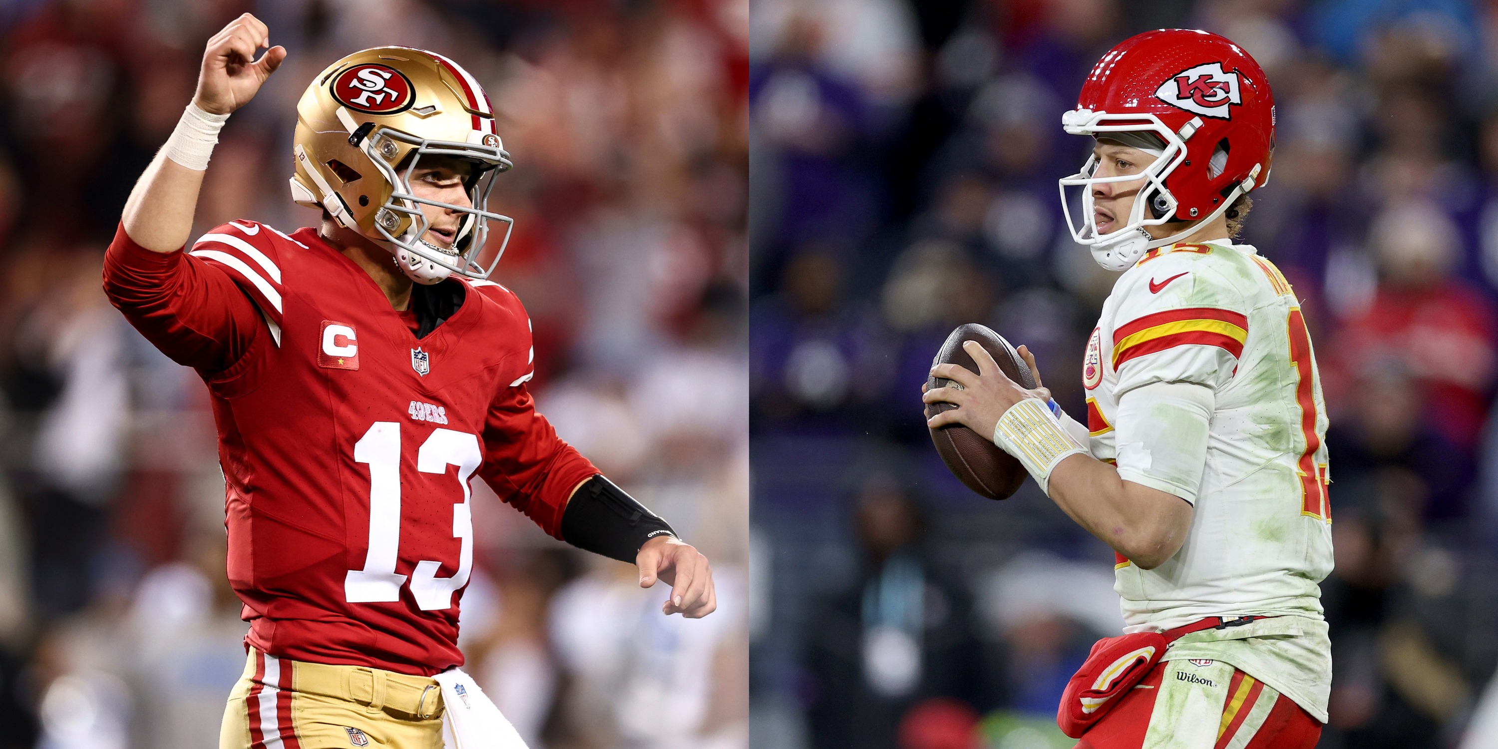 San Francisco 49ers quarterback Brock Purdy (left) celebrates after a touchdown against the Detroit Lions in the NFC championship game in San Francisco on Jan. 28, 2024. Kansas City Chiefs quarterback Patrick Mahomes looks to pass during the AFC Championship against the Baltimore Ravens in Baltimore on Jan. 28, 2024.