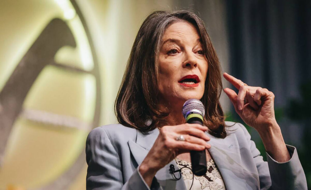 Marianne Williamson speaks to supporters during a campaign event at the Center for Spiritual Living & Unity on Sunday, Feb. 4, 2024, in Las Vegas.