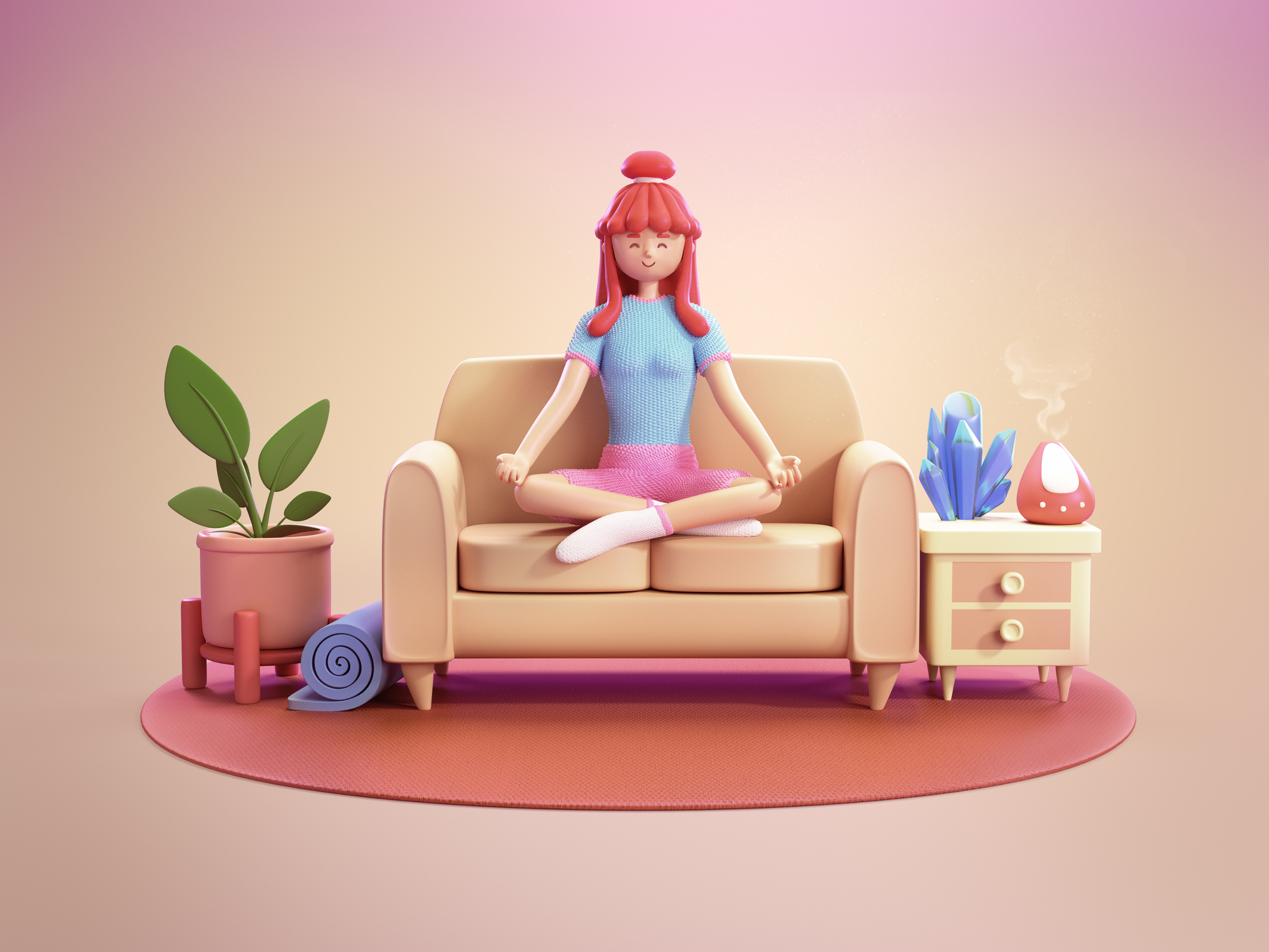Girl meditating on sofa - cartoon home 3d illustration