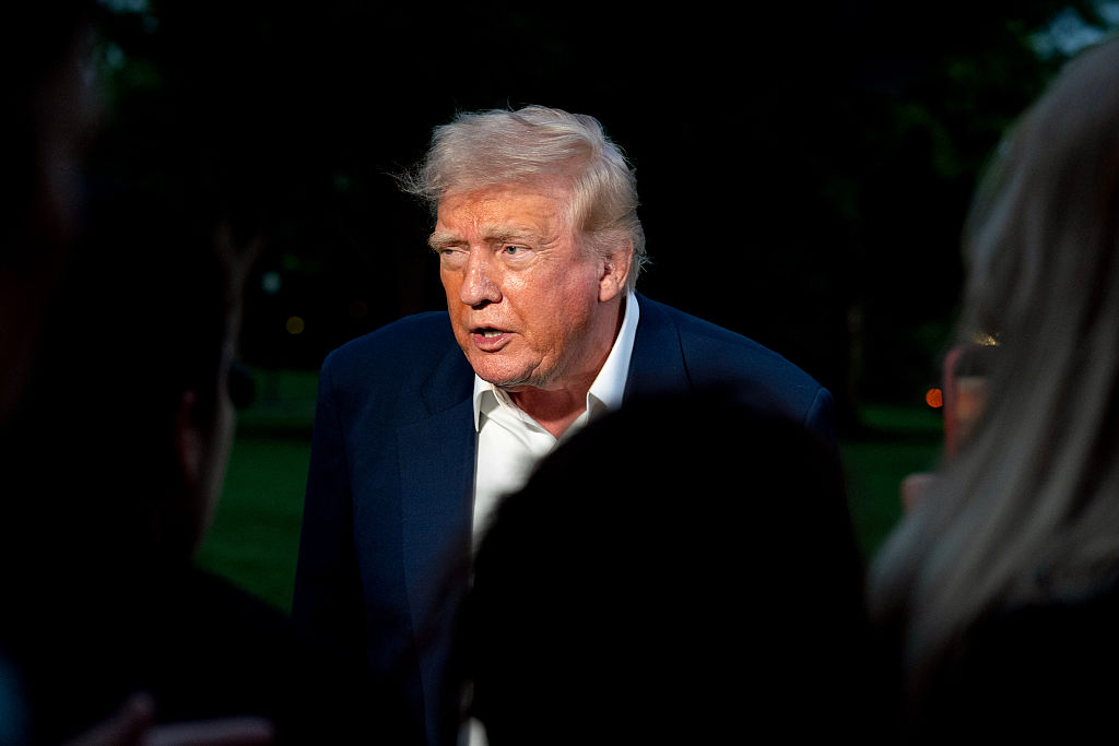 U.S. President Donald Trump speaks to members of the media on the South Lawn of the White House after arriving on Marine One in Washington, D.C., U.S., on May 4, 2025.