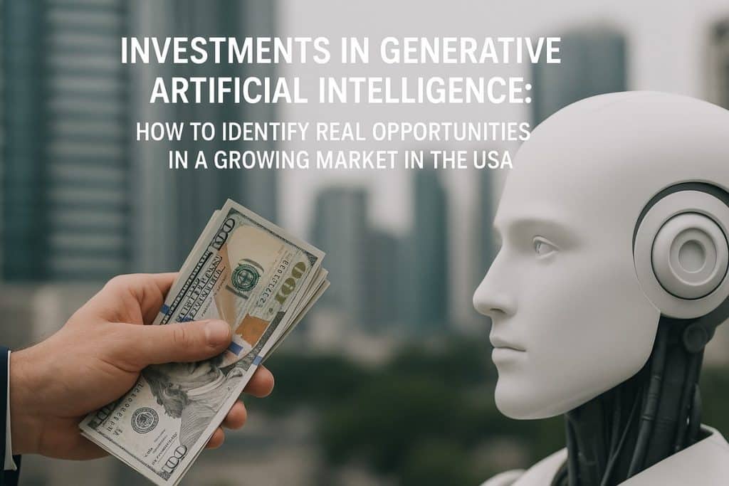 A humanoid robot with a metallic and white finish faces a human hand holding U.S. dollar bills against a blurred urban background with tall buildings. The text above reads: “Investments in Generative Artificial Intelligence: How to Identify Real Opportunities in a Growing Market in the USA.” The image symbolizes the connection between human finance and emerging AI technologies.