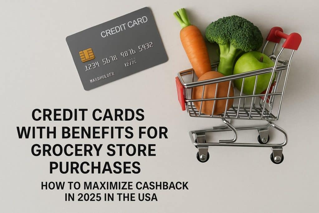 A miniature shopping cart containing a carrot, broccoli, and a green apple placed next to a gray credit card on a beige surface. The text reads: “Credit Cards with Benefits for Grocery Store Purchases – How to Maximize Cashback in 2025 in the USA.” The image symbolizes savings and financial rewards for grocery shopping.
