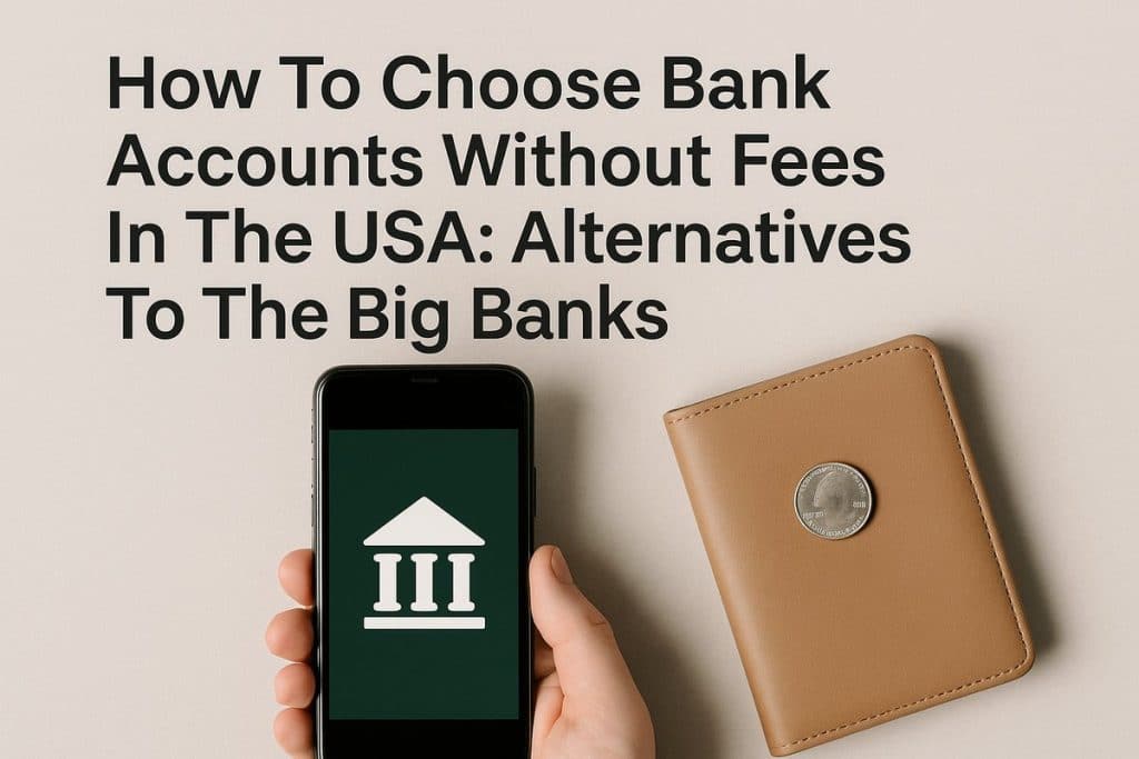A hand holding a smartphone displaying an icon of a classical bank building. To the right, there is a tan-colored wallet with a coin attached to it. The background is light beige. The text "How To Choose Bank Accounts Without Fees In The USA: Alternatives To The Big Banks" is written above in bold, black letters. 
