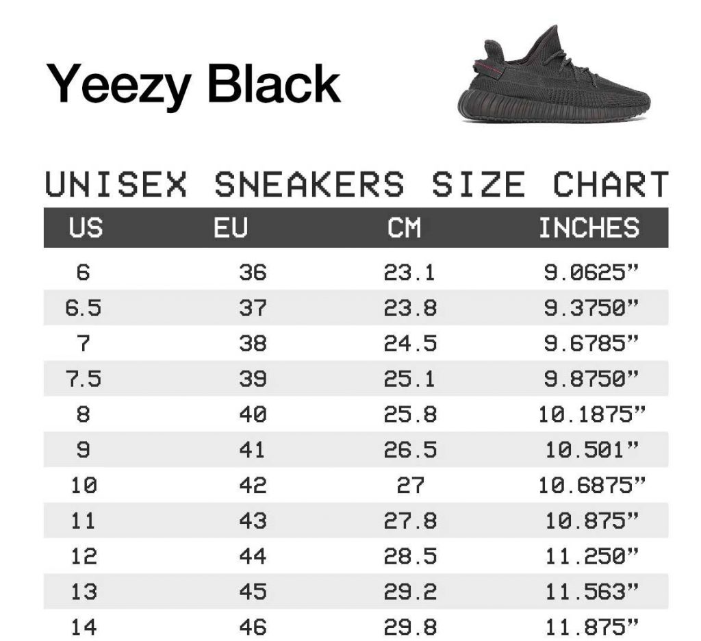 yeezy sneaker size chart