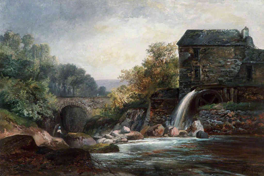 Tableau représentant un vieux moulin, Pandy Moulin Au Nord Wales, une chute d’eau sur le dessus de la roue à aubes, vue sur le moulin et un pont de pierre et de la végétation et des arbres
