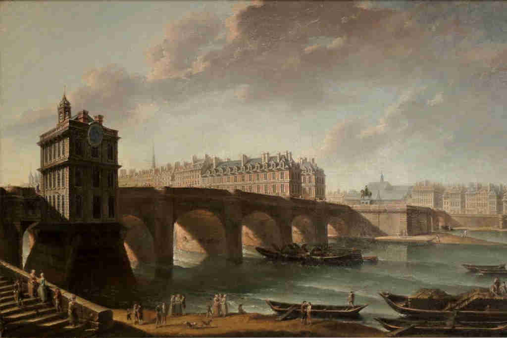 Vue des berges de la Seine, bateaux, pompe de la Samaritaine et Pont-Neuf, l'Ile de la Cité, la statue équestre d'Henri IV, le quai des Grands-Augustins, le débouché des rues Dauphine, de Nevers et Guénégaud, et le quai de Conti avec l'hôtel de Conti