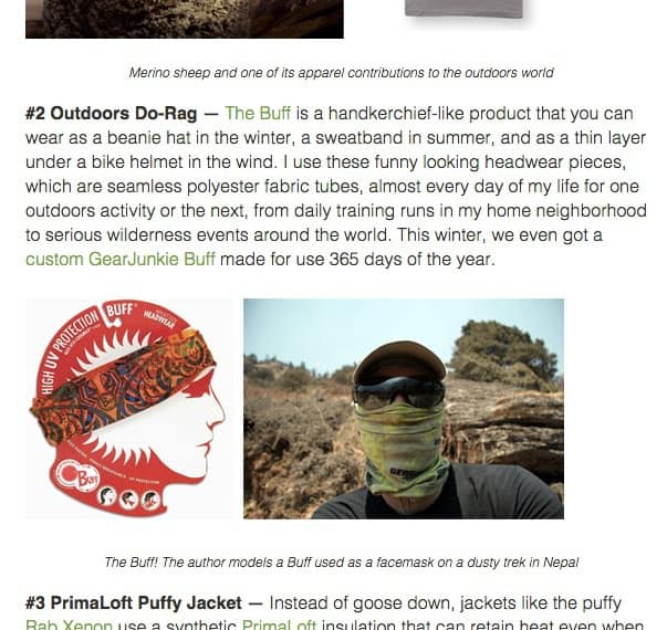 A screenshot of Gearjunkie.com showing the listing of Buff® in the 10 best products of 10 years award