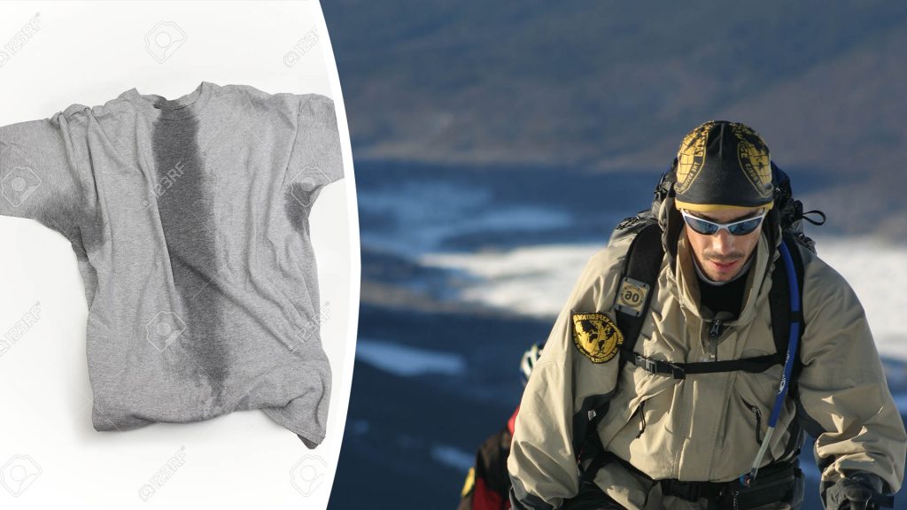 Photomontage Left image Stock photo. A grey t-shirt with sweat stains under sleeves and through the torso. © Mark Deibert 123rf.com Right Image A participant of an Adventure Race in Patagonia hikes up a mountain in full alpine gear. He is wearing an Original Buff® as beanie. You can see sweat on his face but the Buff® looks dry. © Unknown. Released by Original Buff S.A for the promotion of Buff® products.