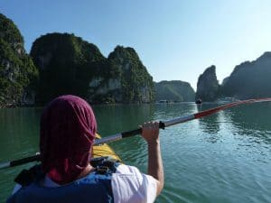 Halong Bay in Vietnam as seen from a kayak. The kayaker in front is wearing a High Uv Buff® as legionnaire style cap. Submitted to us as part of a testimonial. Copyright unknown