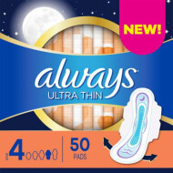 Always Ultra Thin Size 4 Overnight Absorbency Unscented Pads With Wings 50 Count