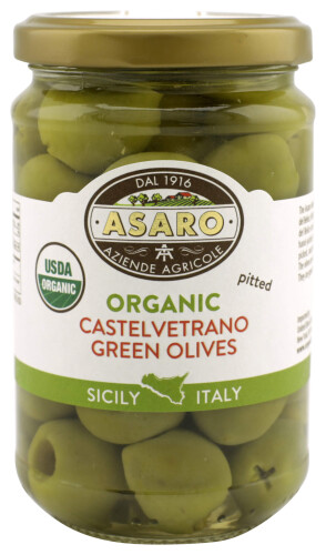 Asaro Green Olives, Organic, Castelvetrano, Pitted 4.5 oz (130 g