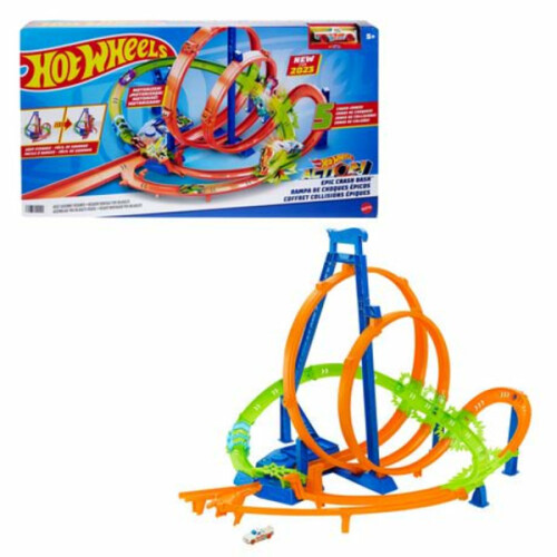 Hot Wheels Track Set With 5 Crash Zones Motorized Booster & 1 Hot