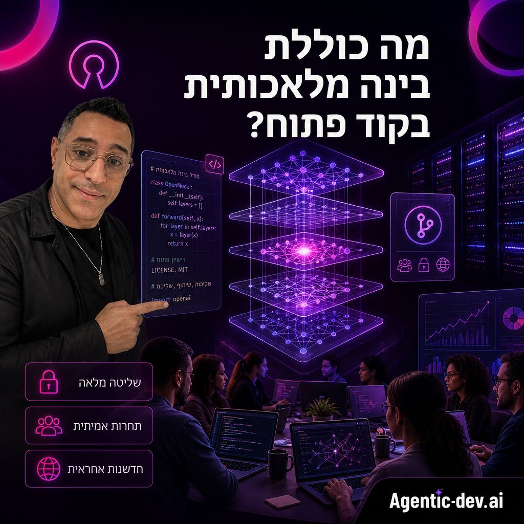 המחשה של בינה מלאכותית בקוד פתוח, מודל AI פתוח, קוד, שרתים ומפתחים