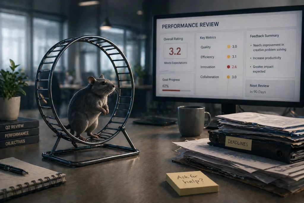 Gerbil pausing on wheel in corporate setting to see the performance review