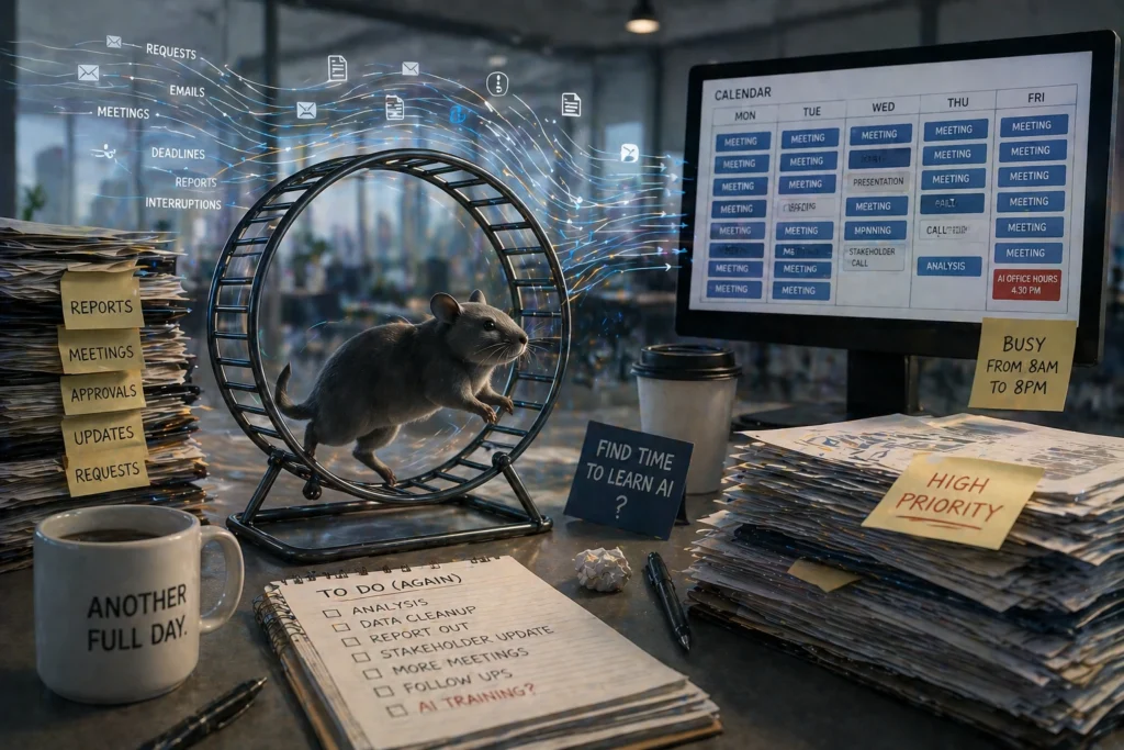 Gerbil on wheel overwhelmed by work