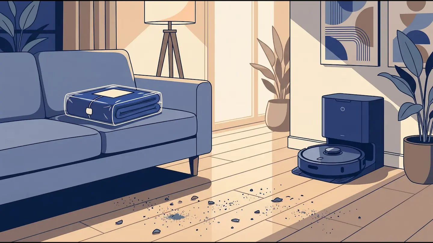 A cozy living room with an electric blanket still in its packaging sitting on a couch, and a robot vacuum mop in its charging dock on a hardwood floor that needs cleaning.
