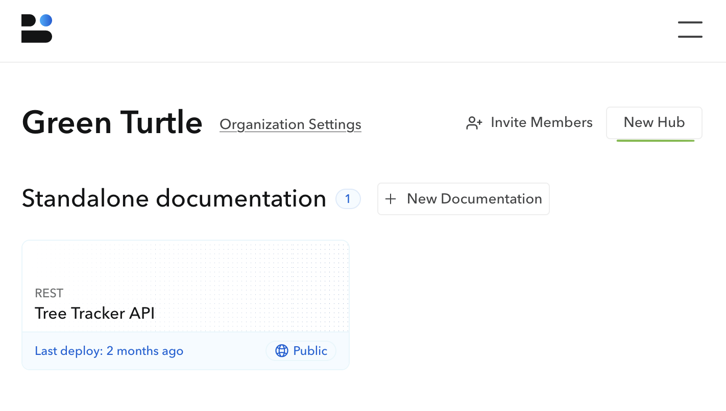 Screenshot of Bump dashboard listing standalone documentation, with a highlighted option to click New Hub