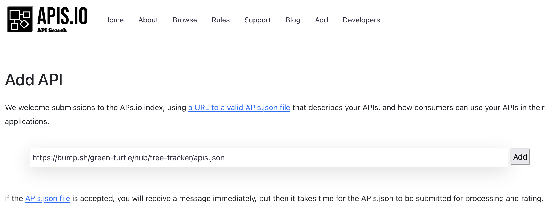 Screenshot of apis.io with an Add API with an URL form input