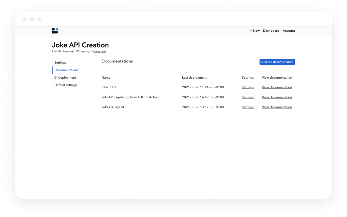 Bump Joke API hub dashboard documentation