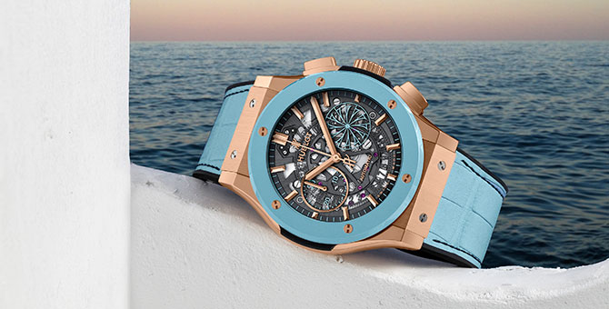 Hublot’s Mykonos-exclusive timepiece induces wanderlust in a dreamy sky blue hue