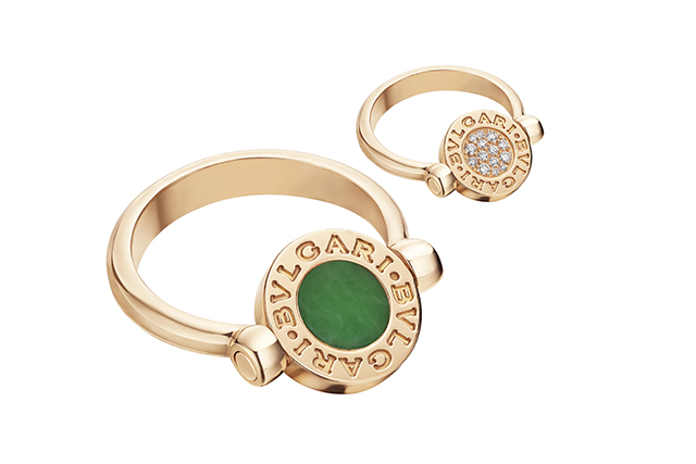 Bulgari Bulgari pink gold flip ring with green jade and pavé diamond