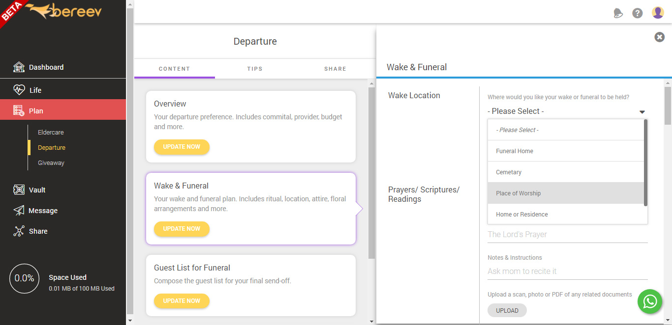 bereev legacy planning platform - departure plan