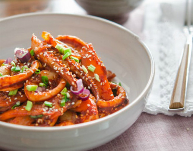 Korean spicy squid stirfry with kimchi brown rice