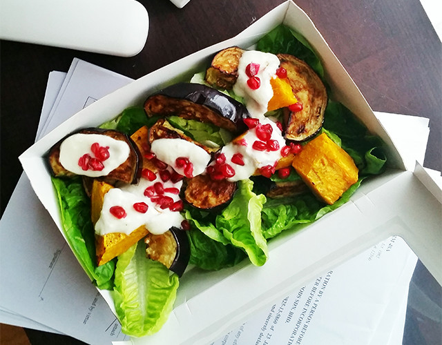 Roasted eggplant and pumpkin seed with tahini dressing