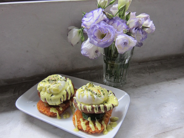 The Portobello Road with runny poached eggs perched on top of Portobello mushrooms