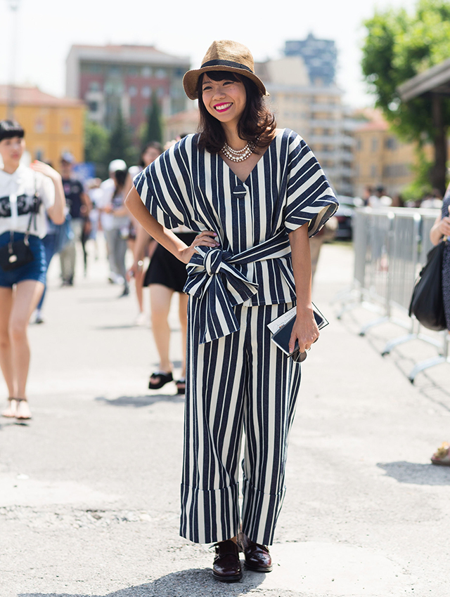 Janie at the recent SS16 men's shows in a top and pants made by her mother