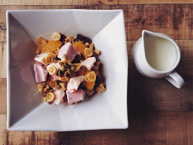 Second Sunday's version of muesli and yoghurt with frozen yoghurt chunks