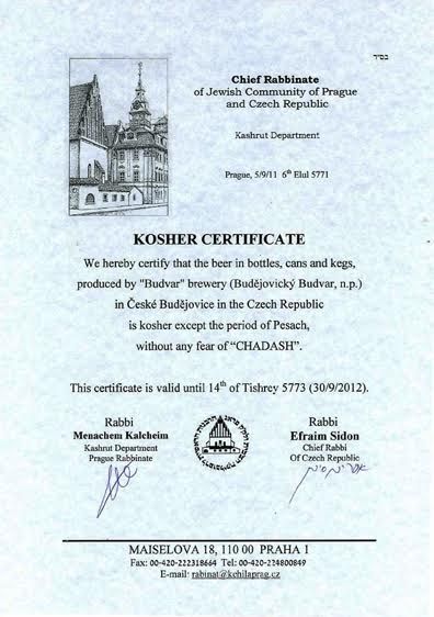 Košer pivo. Ukázka košer certifikátu, který na vývoz svého piva získal Budějovický Budvar.