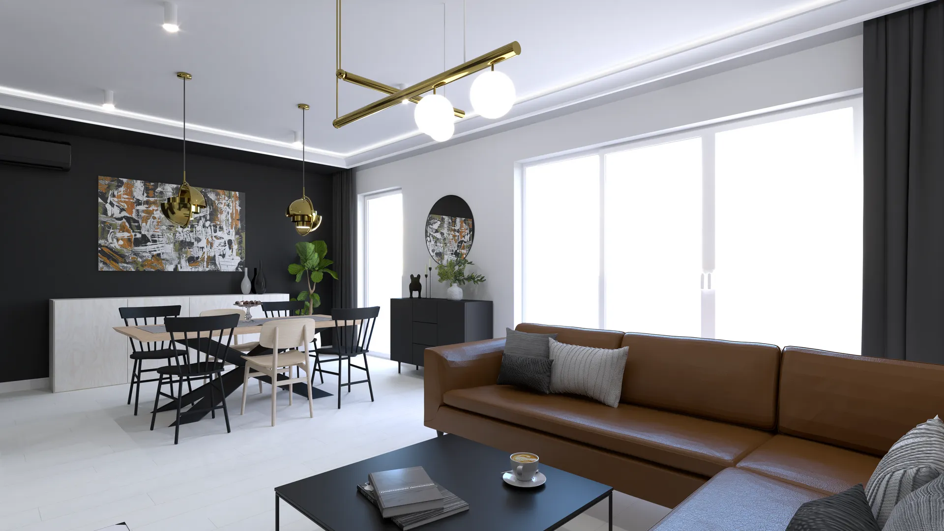 Nowoczesny salon ze skórzaną kanapą