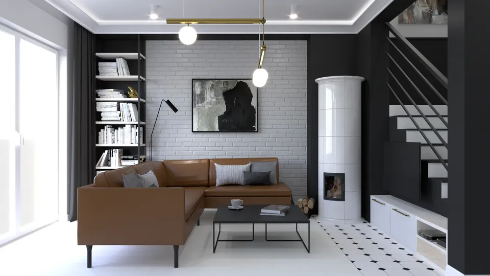 Salon z kaflowym kominkiem