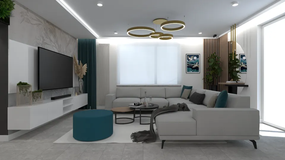 Salon z rozstawną kanapą i lamelami