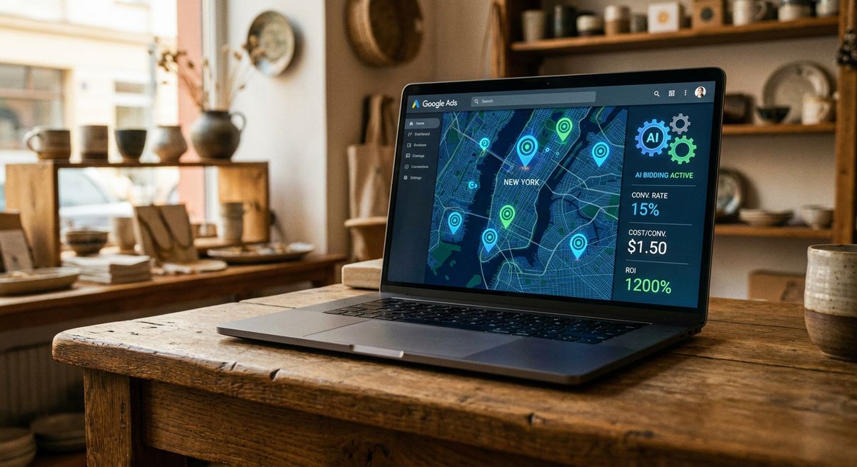 Futuristic Google Ads dashboard on a laptop in a local shop showing smart bidding and automated targeting