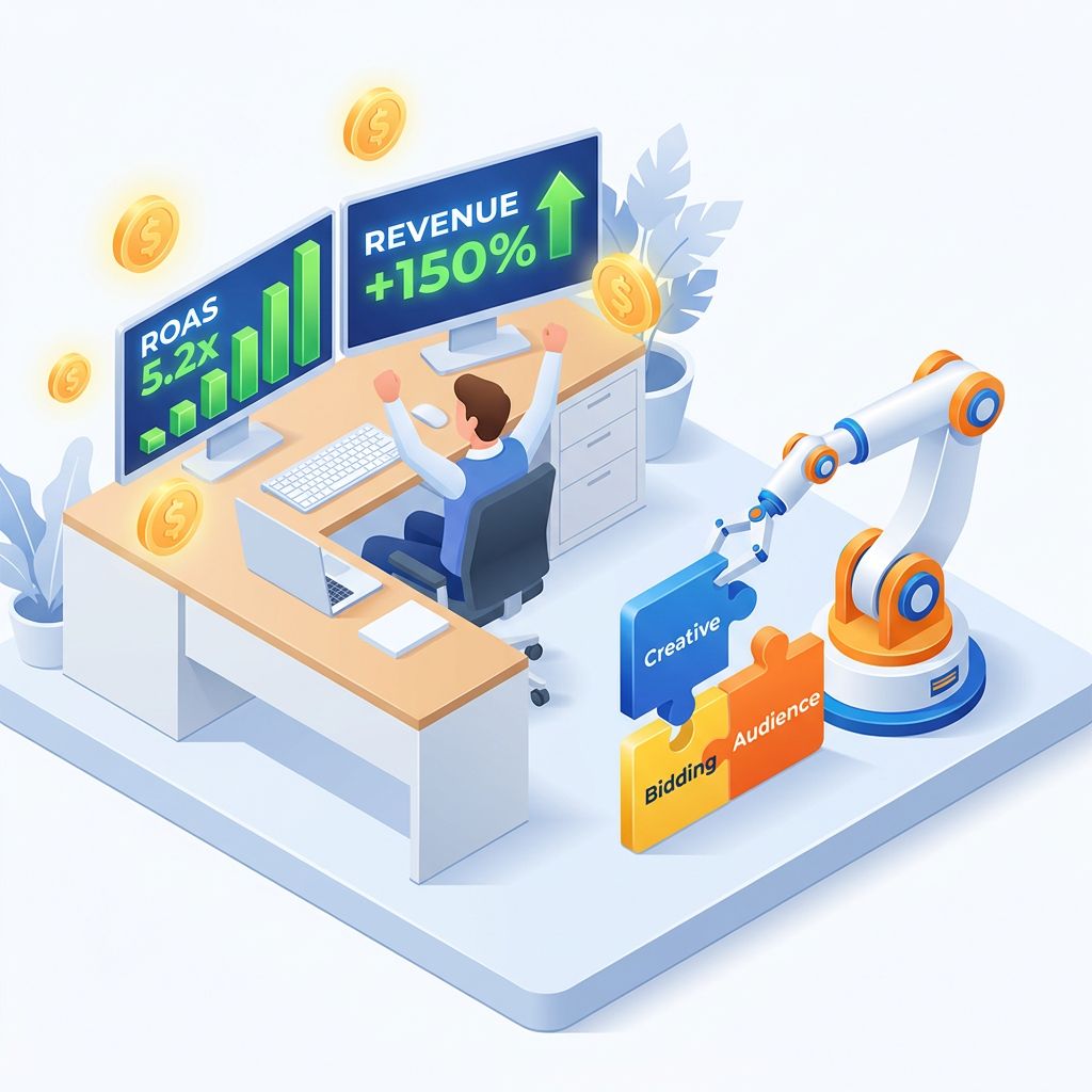 Marketer celebrating high ROAS from AI automated ad campaigns
