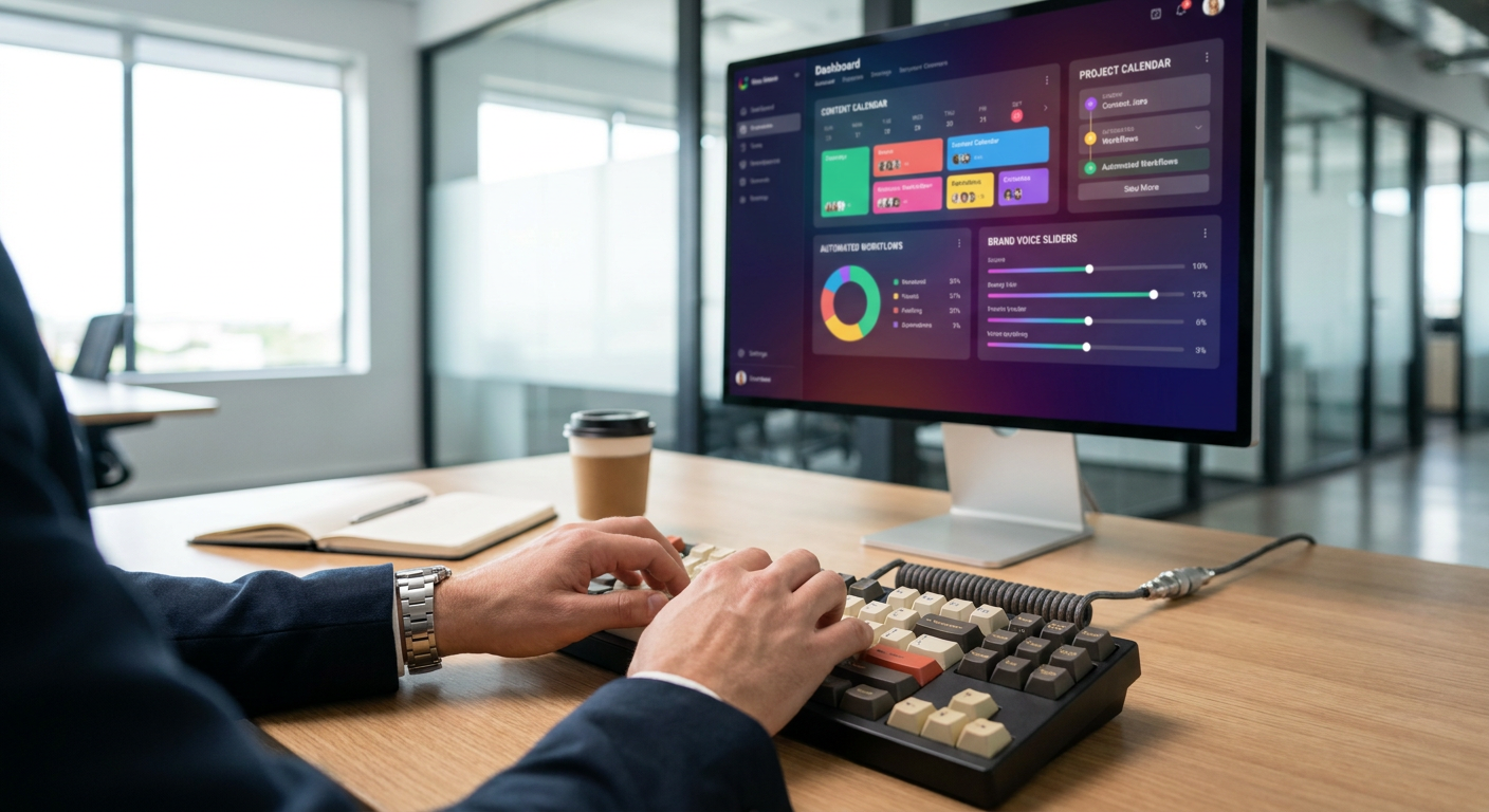 A modern content strategist orchestrating an automated campaign workflow