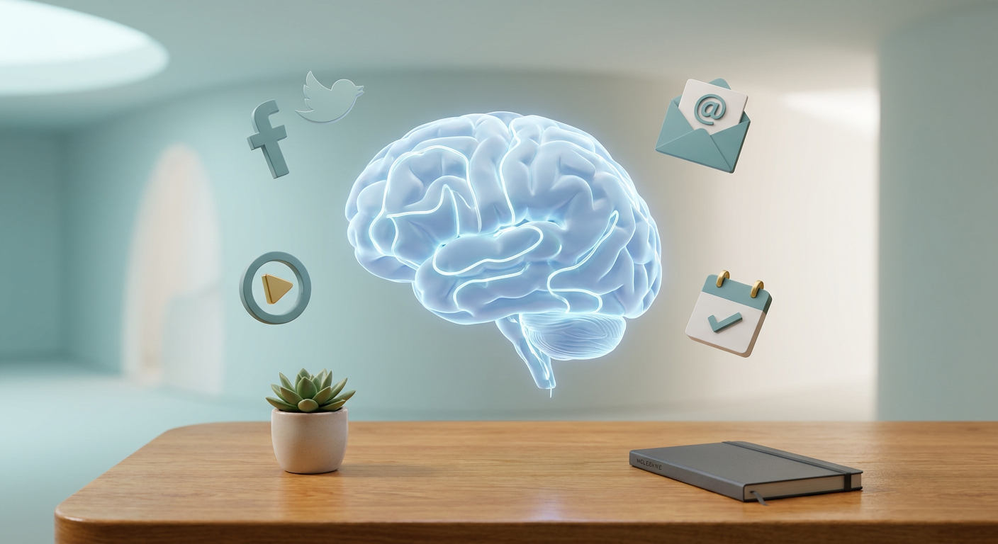 Conceptual 3D illustration of AI technology assisting a mental health practice with automated marketing tasks