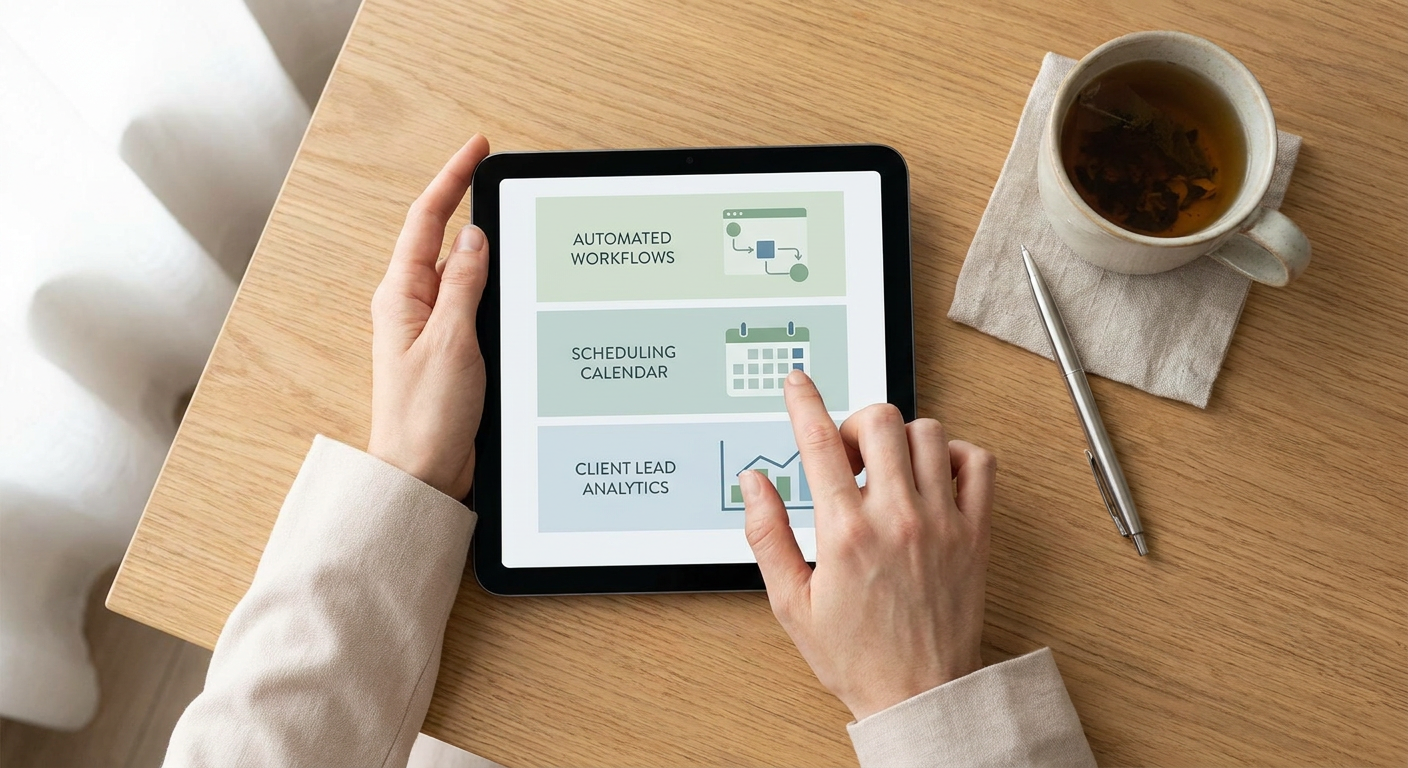 A top-down, high-resolution photography shot of a mental health professional's hands interacting with a clean, modern digital dashboard on a tablet