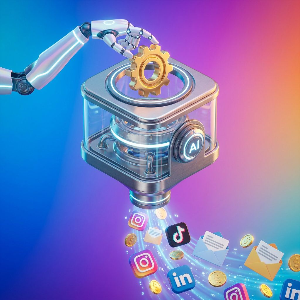 Futuristic 3D isometric illustration of a marketing funnel powered by artificial intelligence