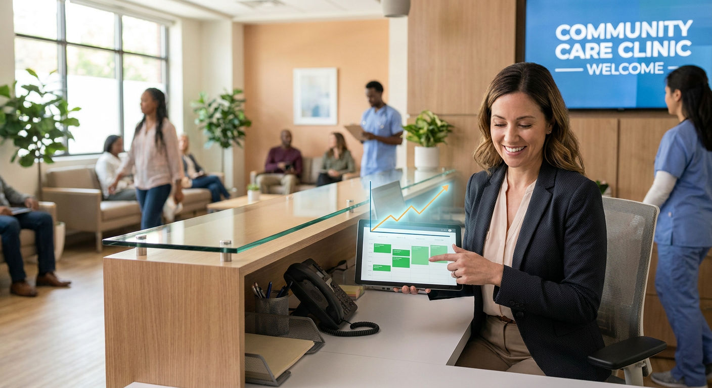 Clinic manager using tablet with automated patient acquisition analytics dashboard