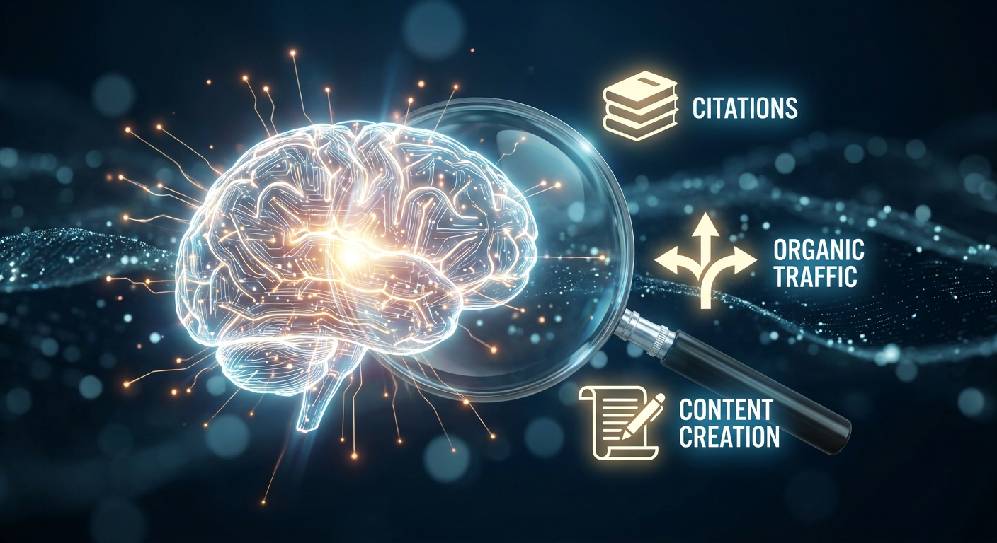 Conceptual 3D render of a luminous artificial intelligence brain merging with digital marketing icons