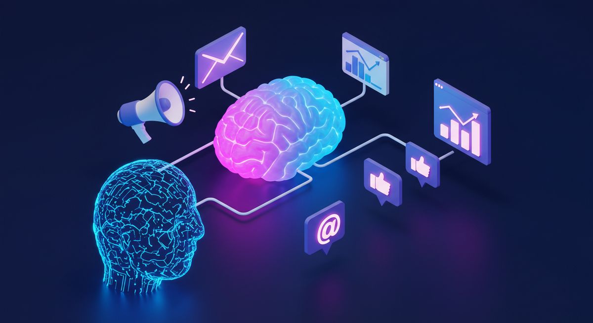 Futuristic AI marketing tech stack and robotic brain connecting digital marketing assets