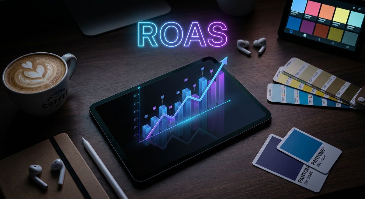 Modern marketer analyzing soaring ROAS metrics via augmented reality on a sleek tablet.