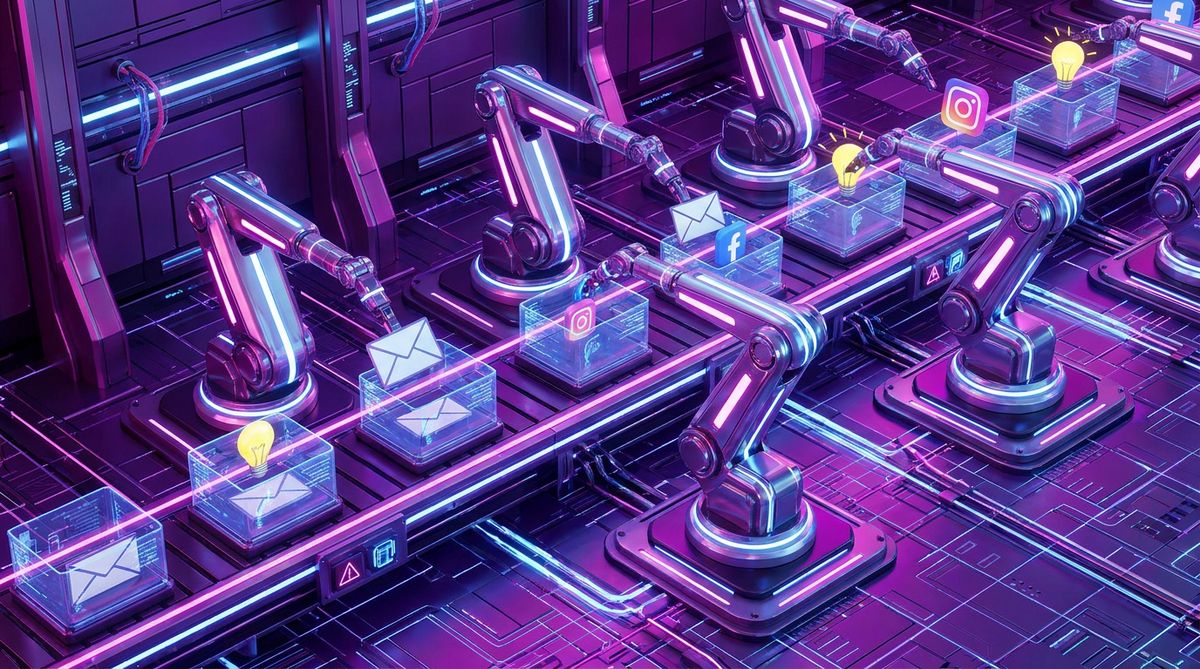 Futuristic 3D illustration of robotic arms sorting digital envelopes and social media data