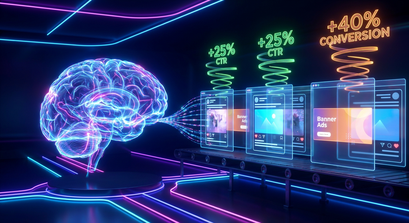3D conceptual illustration of AI generating high-converting digital ad creatives
