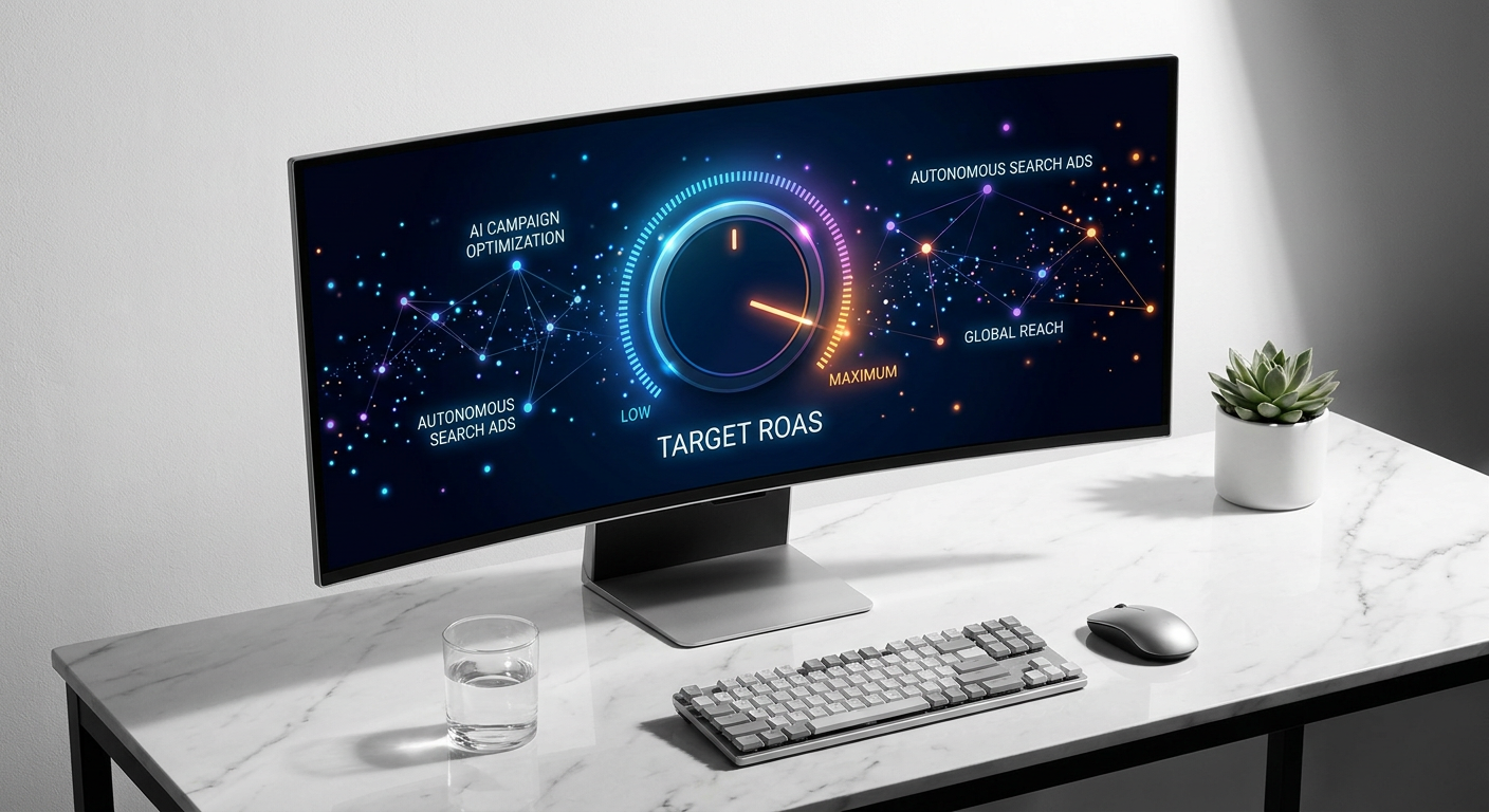Futuristic dashboard prioritizing Target ROAS for search ads